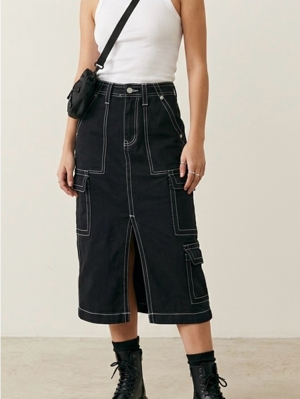Thread Market Black Cargo Midi Skirt White Contrast Stitch Y2K Goth Small